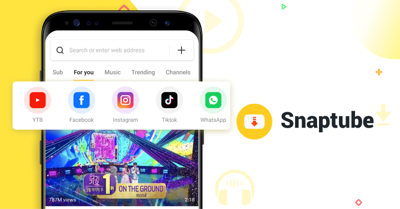 应用宣传图:手机界面里聚合了 YouTube、Facebook、Instagram、TikTok、WhatsApp 等平台入口